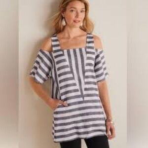 For Cynthia Striped Cold-Shoulder Square-Neck Tunic - Gray & White